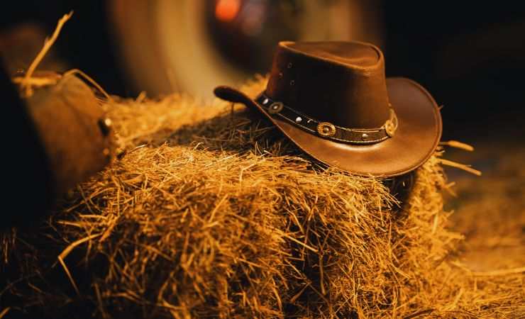 un cappello western sopra una balla di fieno