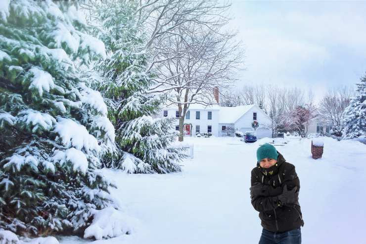 Uomo infreddolito tra la neve