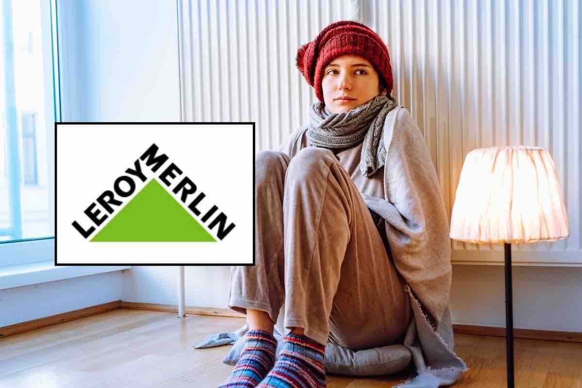 Leroy Merlin logo e ragazza seduta a terra